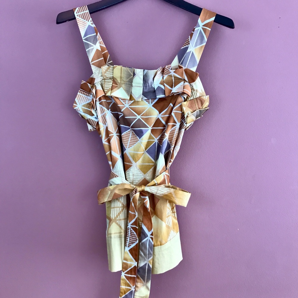 BCBGeneration Geometric Print Ruffle Tank in Brown and Cream